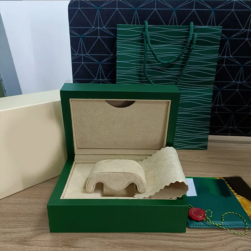 Scatola Rolex Casse per orologi verdi di alta qualità Sacchetti di carta certificati Scatole originali per uomini in legno Orologi da uomo Borse regalo Accessori h2697