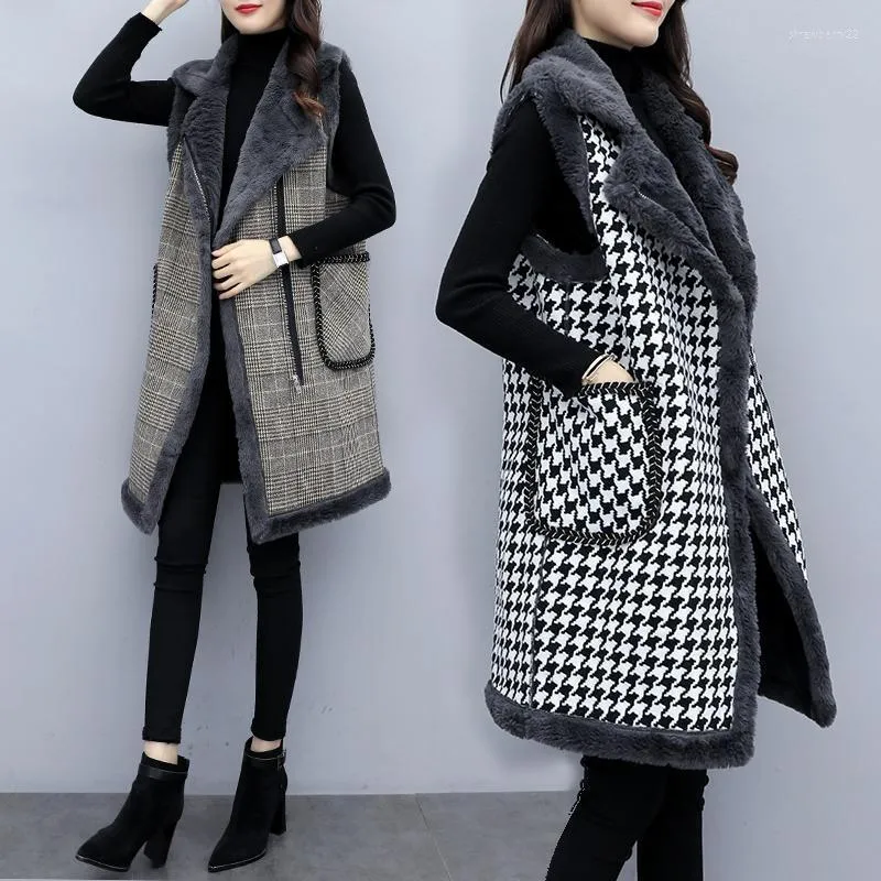 レディースベスト春秋の格子縞の長いウールベスト女性とベルベットの濃厚なチョッキサイズのノースリーブジャケット韓国コート5xl stra22