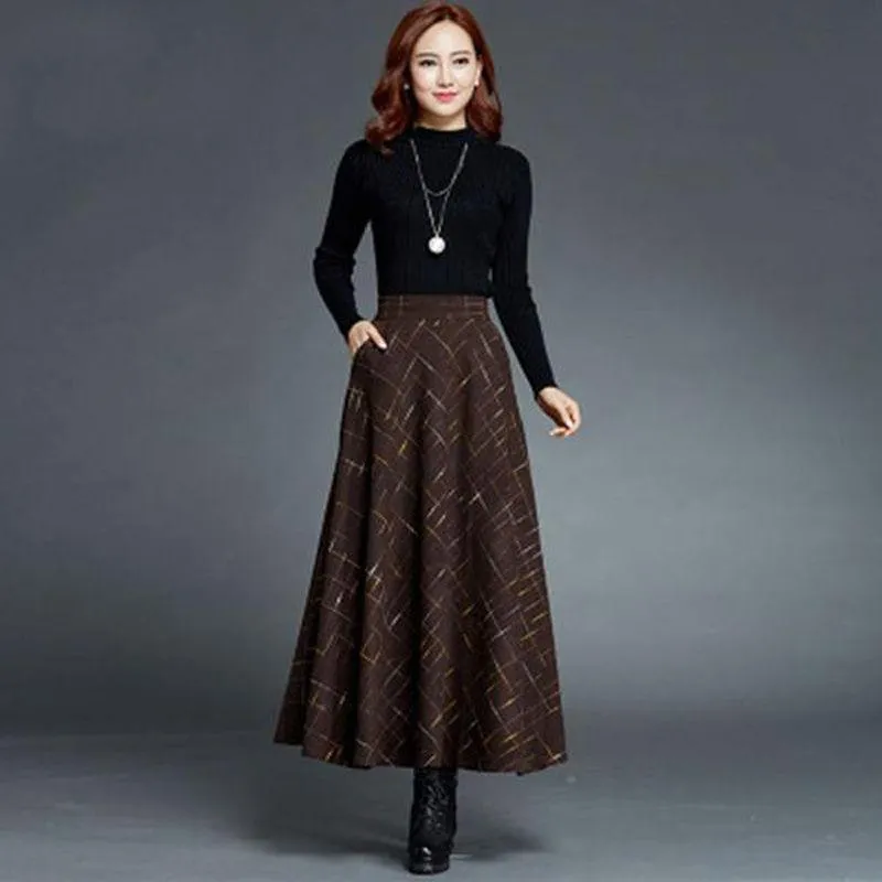 Rokken Dames 2022 Herfst Winter Vintage Plaid A-Lijn Wol Midi Vrouwelijke Dikke Warme Lange Wollen Rok Faldas Mujer Moda C29