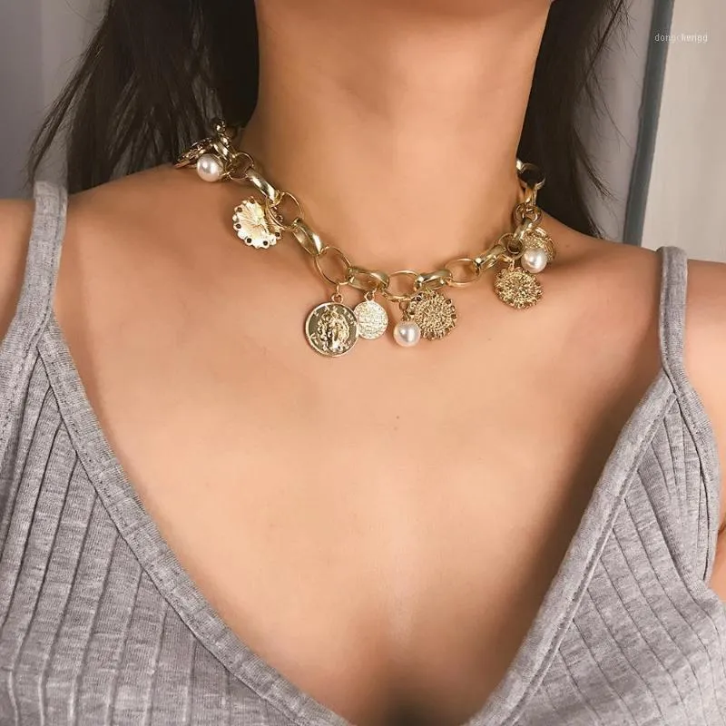 Av-Lilu Boho snidad myntchokerhalsband Vintage Sun Flower Imitation Pearls Pendant Thick Chain Wedding 2022 Jewelry Chains