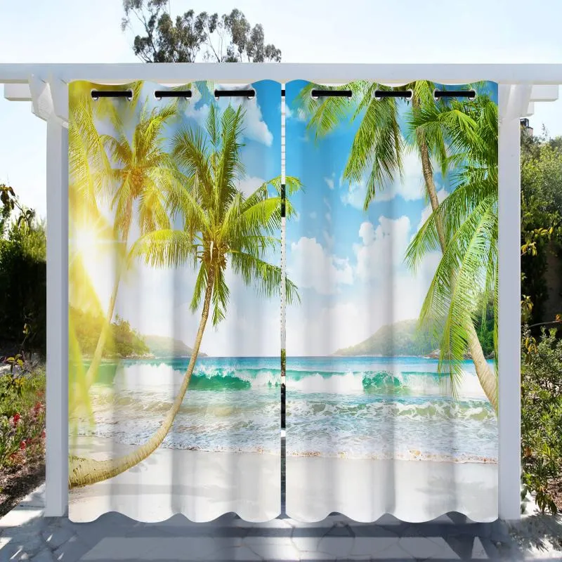 カーテンドレープハワイの砂浜のビーチと海洋自然3Dデジタルプリント屋外防水2パネルスキャル