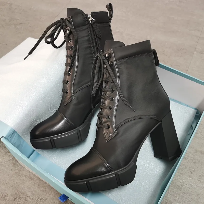 Femmes Plaque Cheville Bottes Designer Chaussures Talons Hauts Qualité Supérieure En Cuir Véritable Chaussures De Mode Noir À Lacets Chunky Chaussures En Caoutchouc Avec Boîte NO256