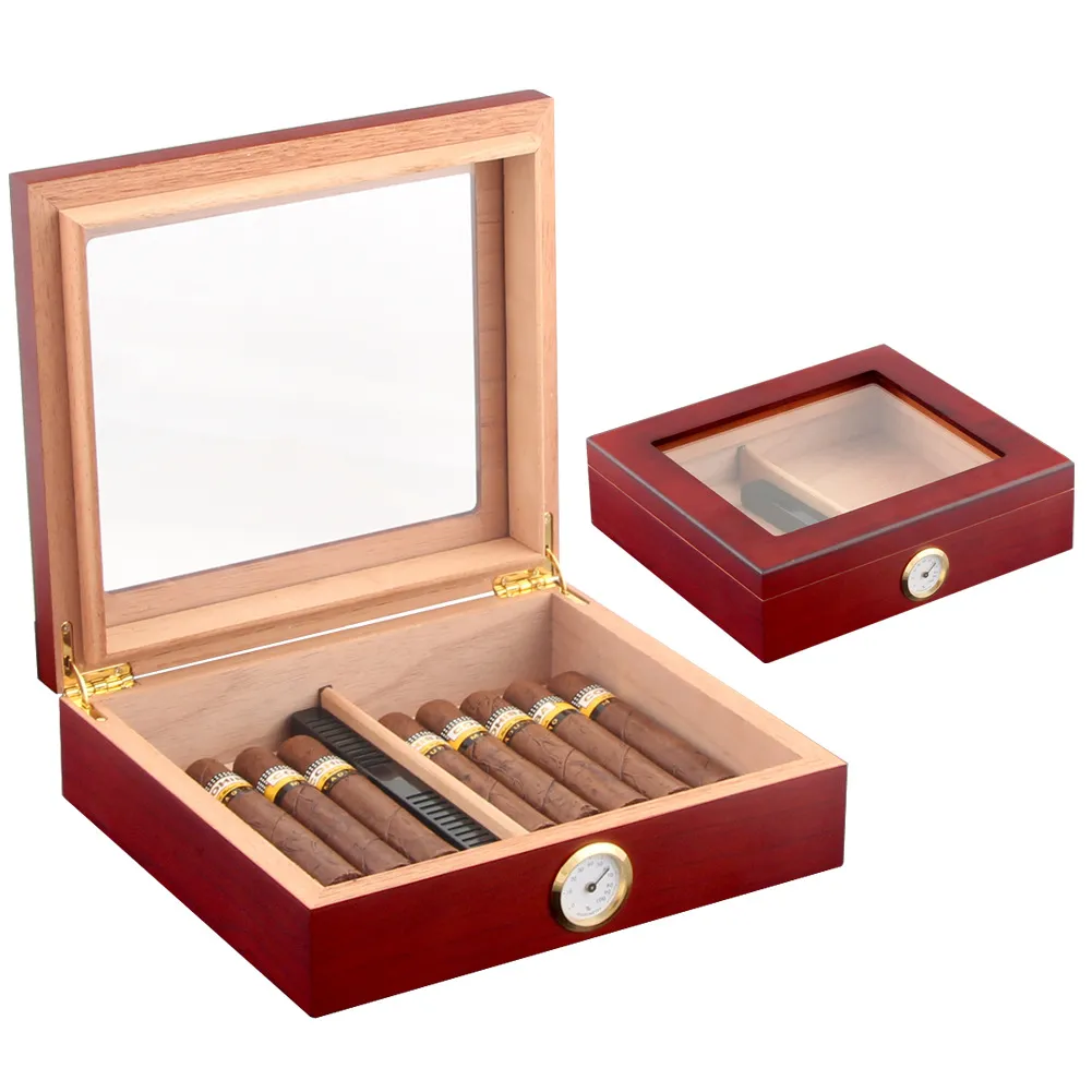 2022 Cajas de cigarros de madera Cedar Caja de viaje de cigarro Humidor Humidificador Higermómetro Sigaren