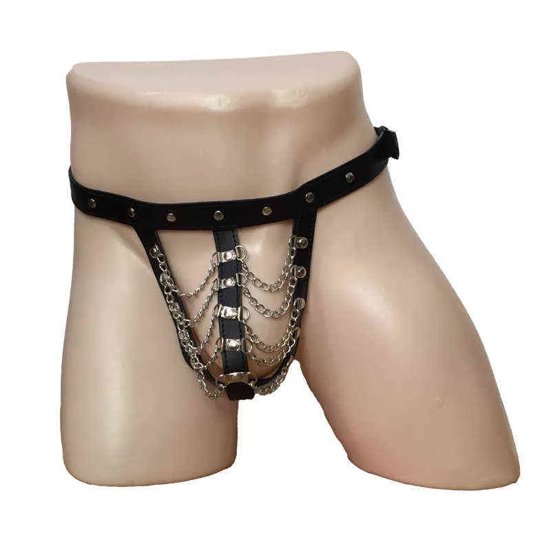 Sexy Men's Faux Leather Drape Chain Pouch Open Crotch G-String Underwear Under Pants Thong Brief Body Harness Fetish Lingerie W220324