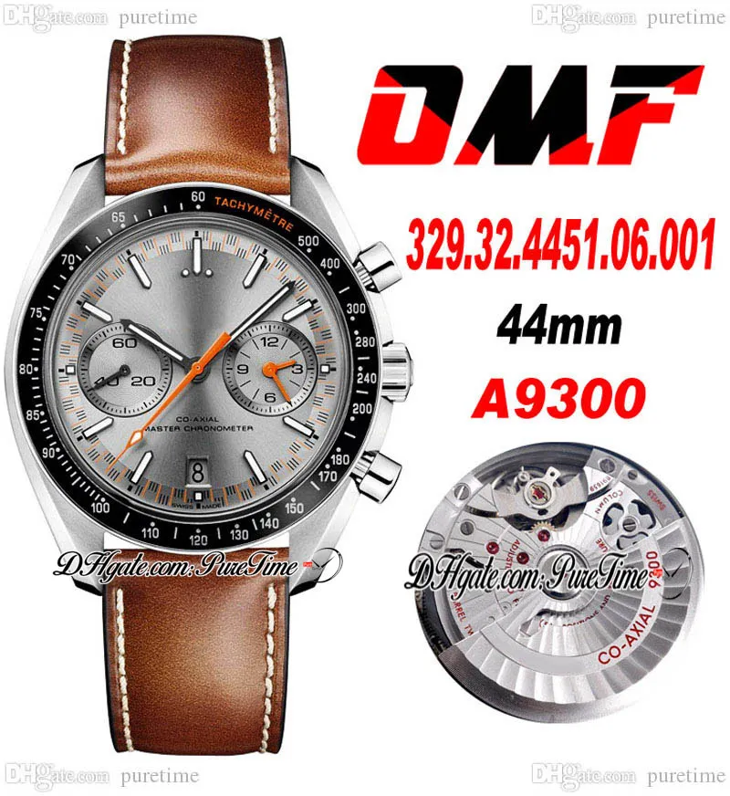 OMF A9300 Automatik-Chronograph Herrenuhr Moonwatch Graues Zifferblatt Orangefarbener Zeiger 329.32.4451.06.001 Braunes Leder mit weißer Linie Super Edition Uhren Puretime OM42