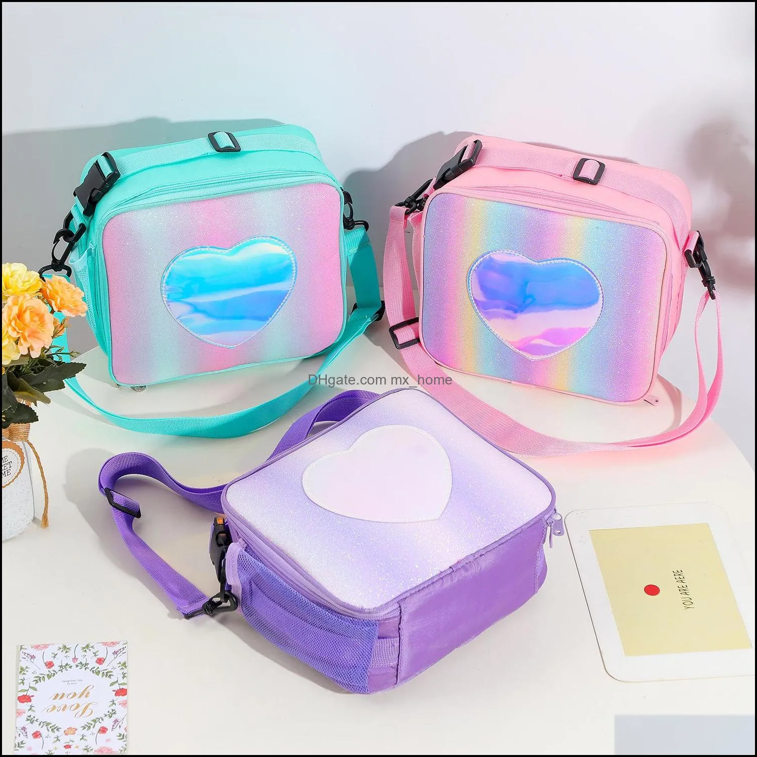 rainbow loving heart laser lunch bag portable bento pouch for children thermal insulated lunch box tote cooler bag shoulder bag