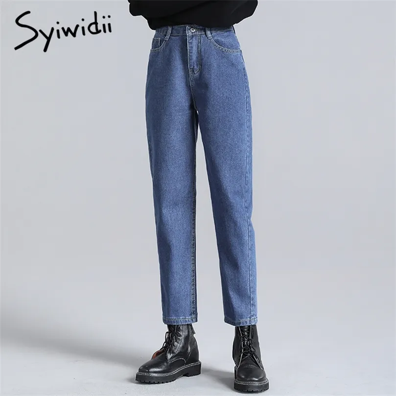calça jeans azul syiwidii ​​calça jeans elástica de jeans elástica Black Bege Vintage Jeans de cintura alta de tamanho grande Mamãe Moda 210302