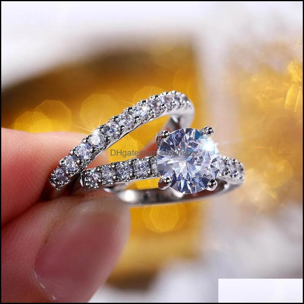 Women Wedding Set Jewelry 2Pcs Silver Color Rings With Dazzling CZ Stone Bridal Marriage Rings Fashion Accessories