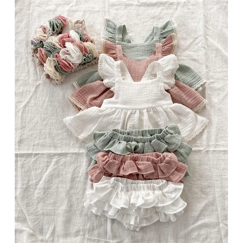 SUMEMR Born Baby Girl Clothes Set 2pcs Solide en dentelle Ruffles Sleeve Backless Tops Dresslayered Tutu Shorts en coton Tournettes 220607