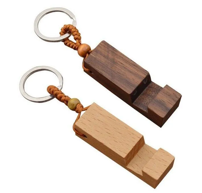 Natural Walnut Keychain Pendant Portable Creative Beech Wood Bracket Keychains Car Decoration Phone Holder Key Ring DIY Gift