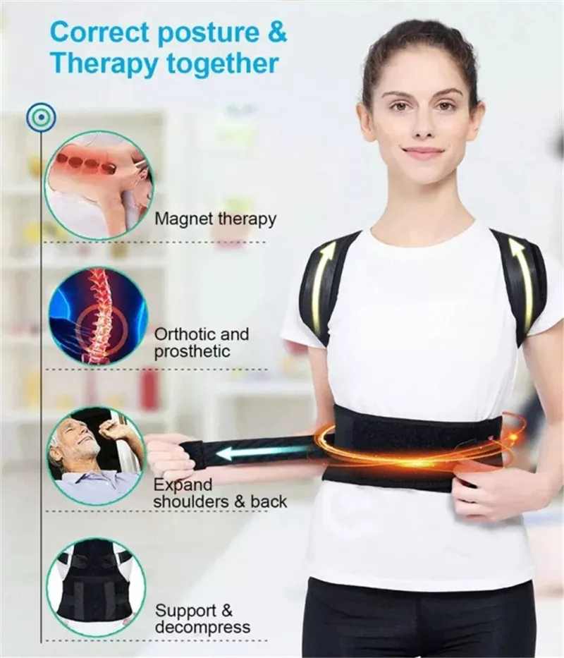 Back Support Magnetic Posture Corrector Back Braces Therapy for Neck Shoulder Pain Relief Straps Cervical and Lumbar Spine adjustable belt