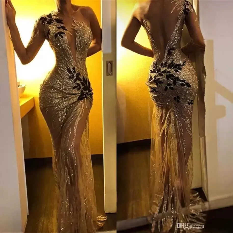 Modern Sexy Sequin Mermaid Prom Dresses Gold Sheer One Shoulder Sleeve Long Sleeve Lace Applique Reflective Evening Gowns