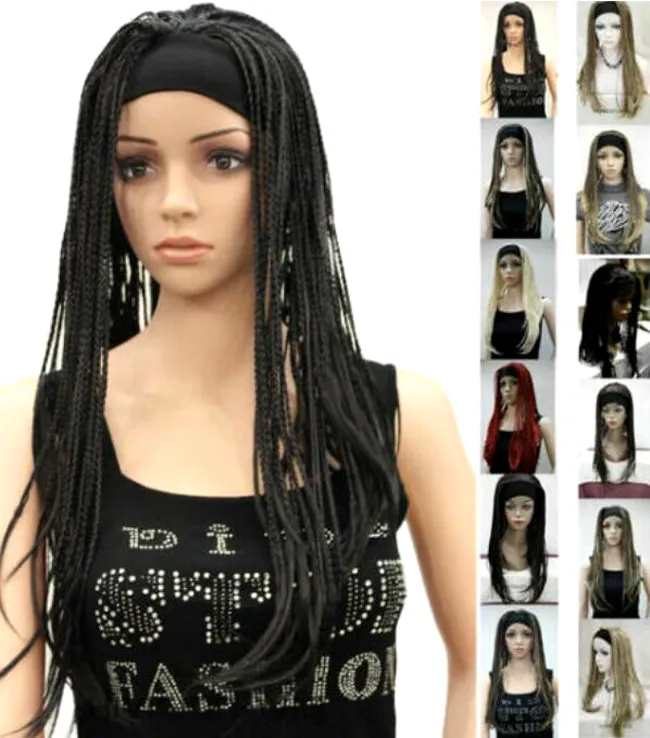 5 Colour Synthetic Long Straight Hand Made Braids 3/4 Half Full Wig Headband Women Wig