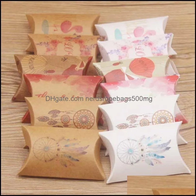 Pillow Shape Paper Gift Wrap Candy Box 8x5cm Kraft Papers Boxes Wedding Birthday Baby Shower Favors Package Case 236 N2