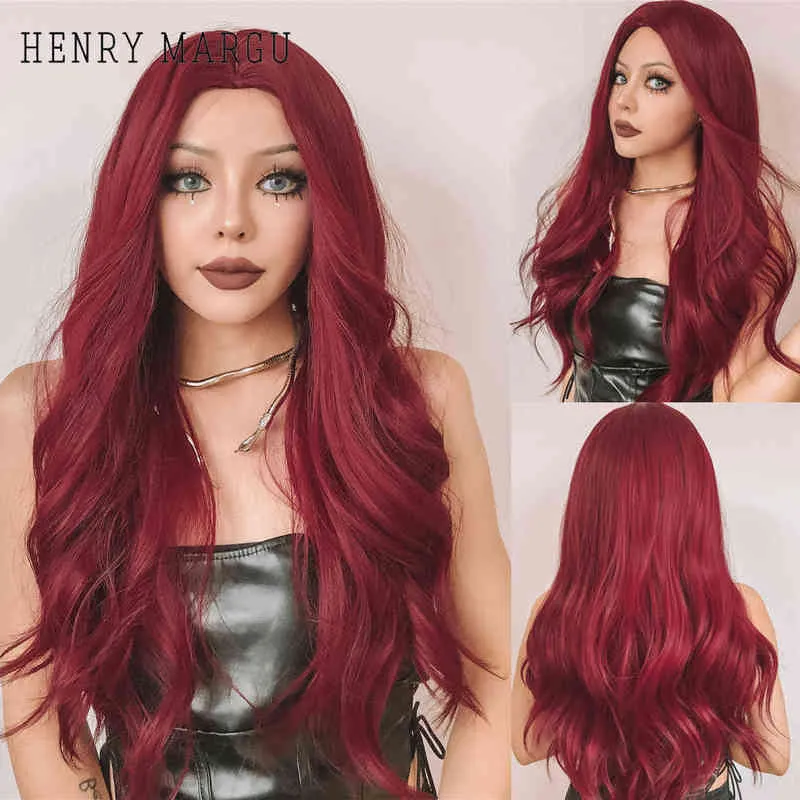 Henry Margu colorido Borgonha Wavy Wavy Synthetic Wine Long Red Natural For Women Halloween Cosplay Party Resistente ao calor peruca 220622