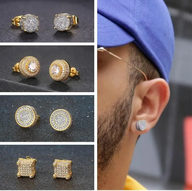 Brincos masculinos de alta qualidade Stud Hip Hop Iced Out Bling CZ Stud Brincos Geométrico Quadrado Redondo Cor Dourada Micro Pave Cubic Zircon Studs Brinco