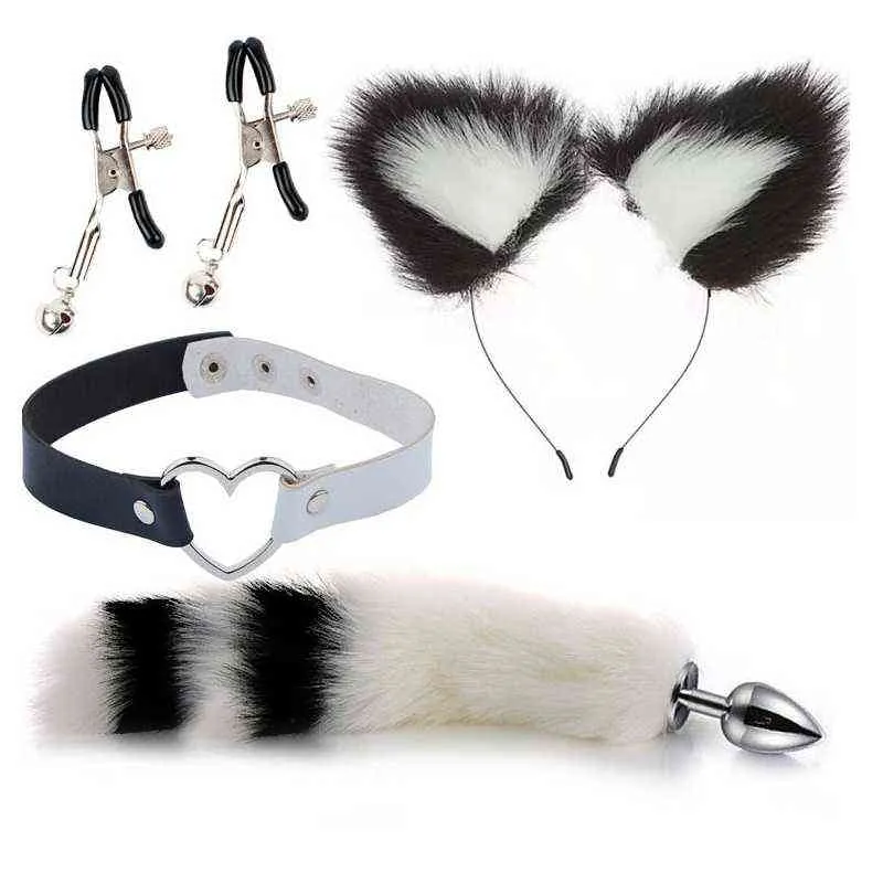 Erotica Anal Toys Cute Fox Tail Plug Cat Ears pannband Set Adult Games Nipple Clip Neck Collar Erotic Cosplay Sex For Women Men 220507