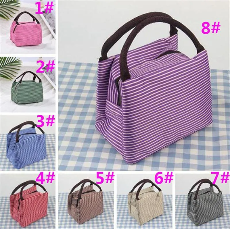 8styles Striped Lunch Bag Protable Thermal Insulated Campus Food Bags Pouch Tote Waterproof Picnic Storage Box Containers DA395