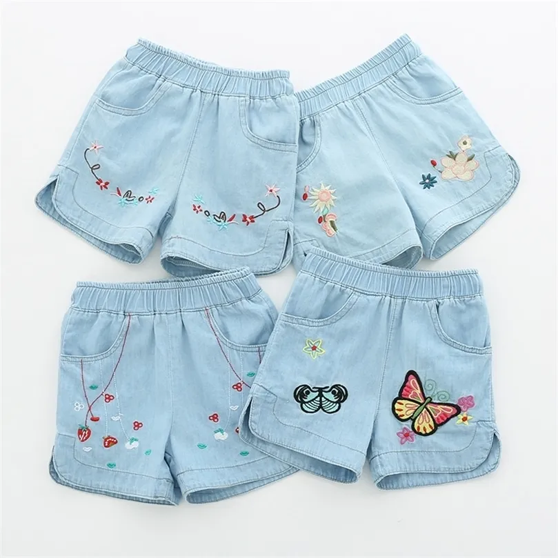 Summer Casual 2 3 4 6 8 10 12Years Children Embroidery Flower Cotton Pocket Denim Blue Shorts For Small Baby Kids Girls 210303