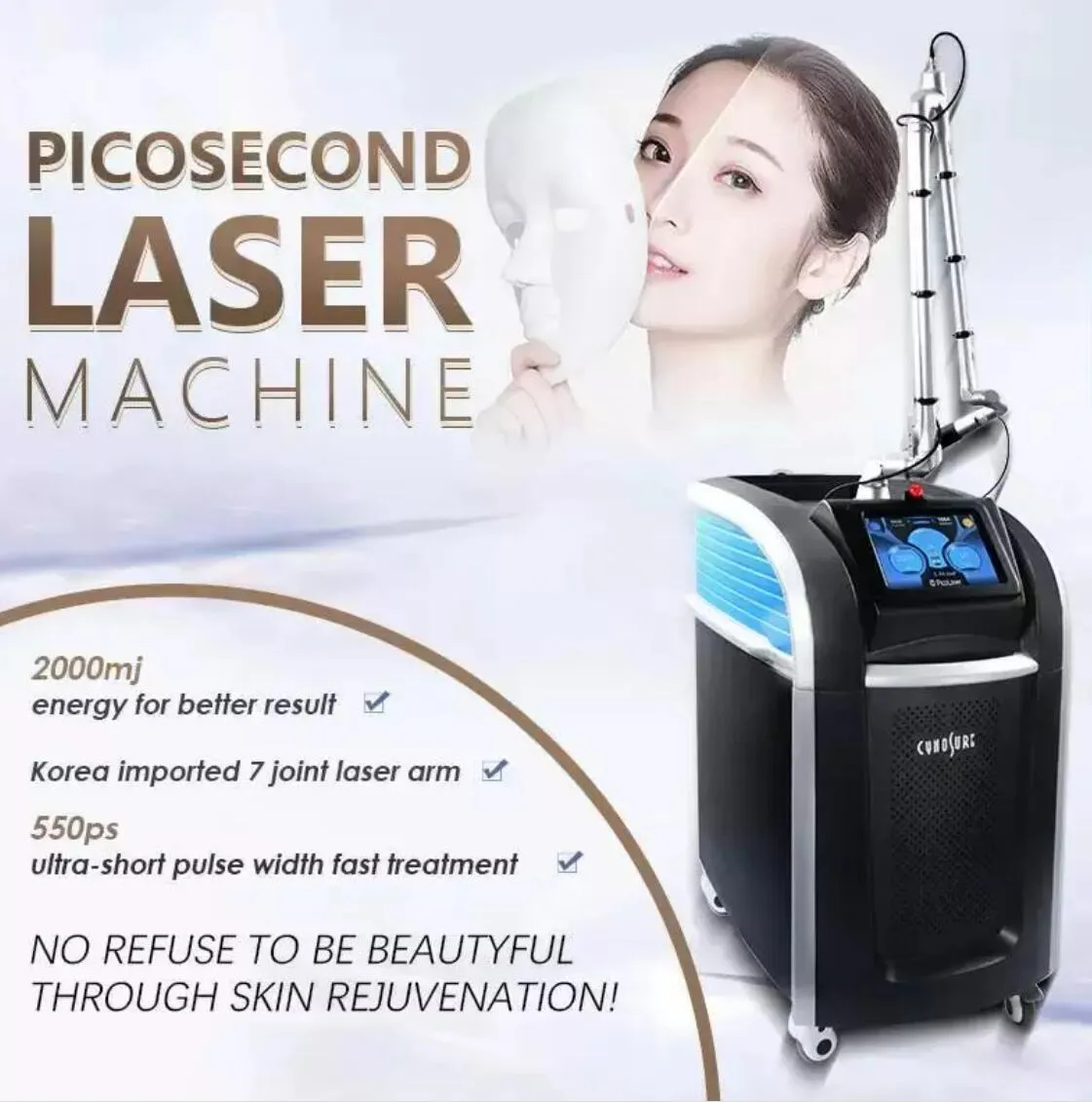 Utilisation en salon Pico Laser 450 Ps avec encre de tatouage laser approuvée par la FDA Pigments de taches de sourcils melasma Enlèvement original 755nm Focus Lens Gynosure lazer