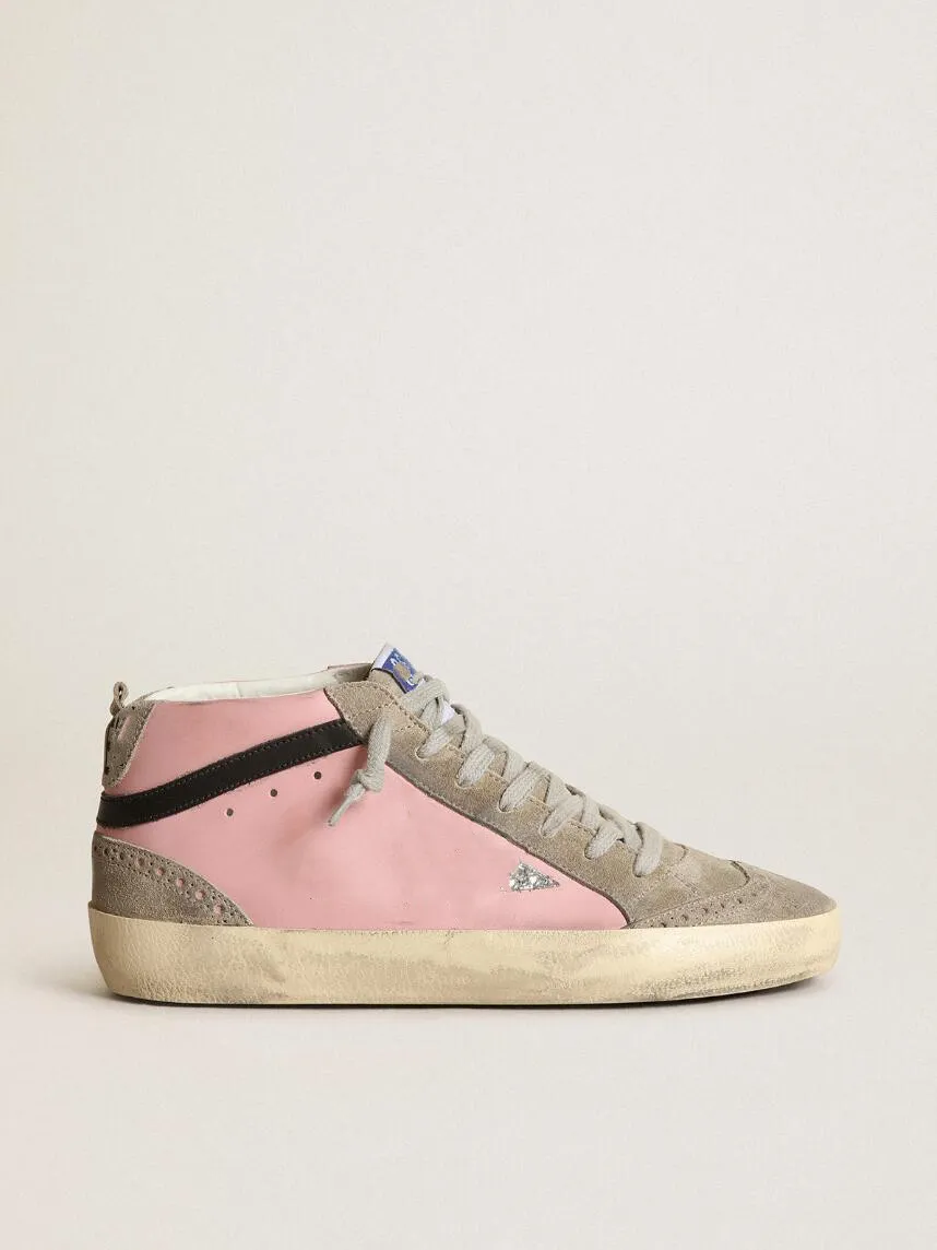 Kleine, schmutzige High-Top-Designer-Luxus-Sneaker von Mid Star LTD im italienischen Retro-Stil aus rosafarbenem Leder mit silbernem Glitzerstern und schwarzem Blitz