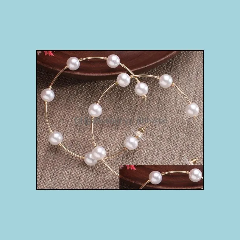 Simple Plain Gold Color Metal Pearl Hoop Earrings Women Female Fashion Big Circle Statement For Korean Jewelry & Huggie