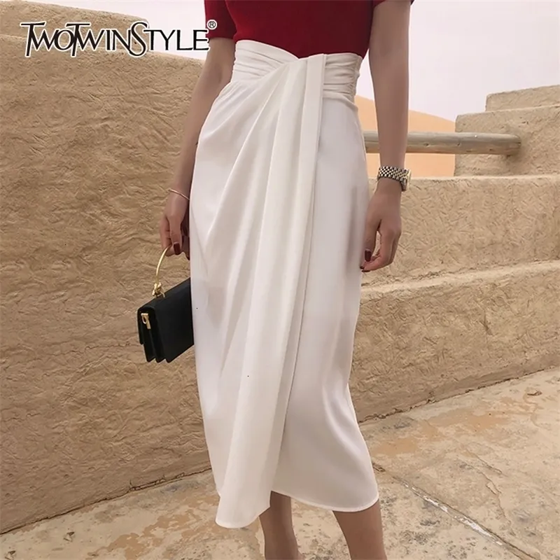 TWOTWINSTYLE Vintage Irregular Side Split Skirt Women High Waist Asymmetrical Ruched Skirts For Female Fashion Clothing 210311