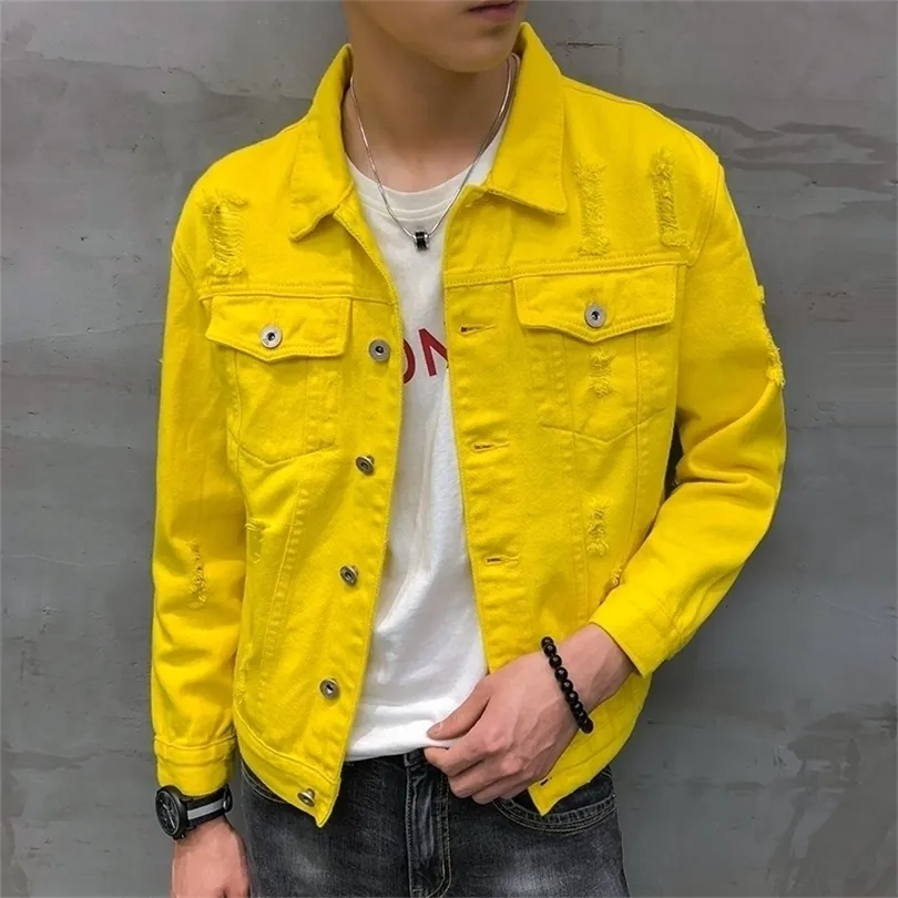 Jaqueta masculino automne nouvelle veste en jean hommes col rabattu simples hommes lâches veste Lovers à manches longues trou jeans veste hommes T200502