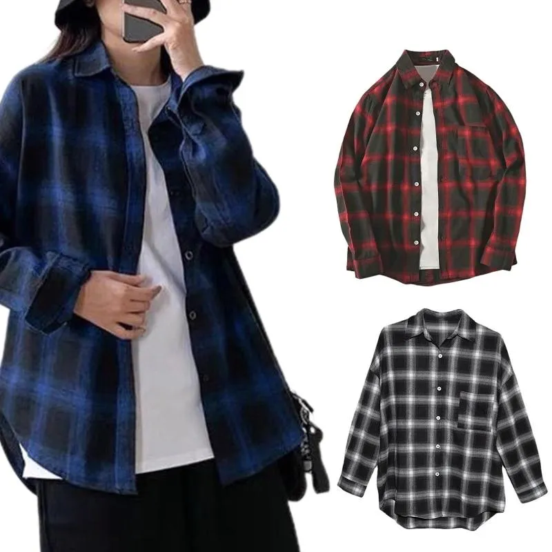 Kobiety damskie bluzki Kobiety Kobiety w rozmiarze długim rękawie w krat pod rękawem Klapa Klapa Button Down Checkered Blouse Business Casual Lose Work Tun