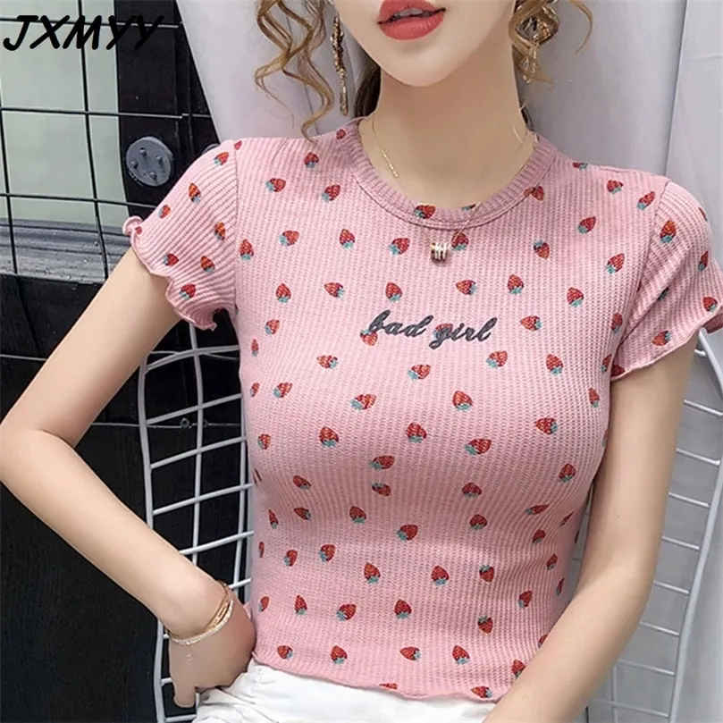 Camiseta de manga corta de cereza para primavera y verano, cuello redondo, combina con todo, camiseta pequeña delgada, top sexy con estampado de algodón JXMYY 210412