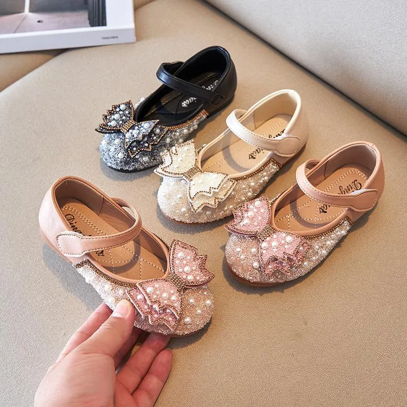 Athletic Outdoor Princess Girls Shoes Bowknot Rhinestone Leather Children Flats 2022 Spring Autumn Soft Bottom Toddler Kids 21-30Atletic