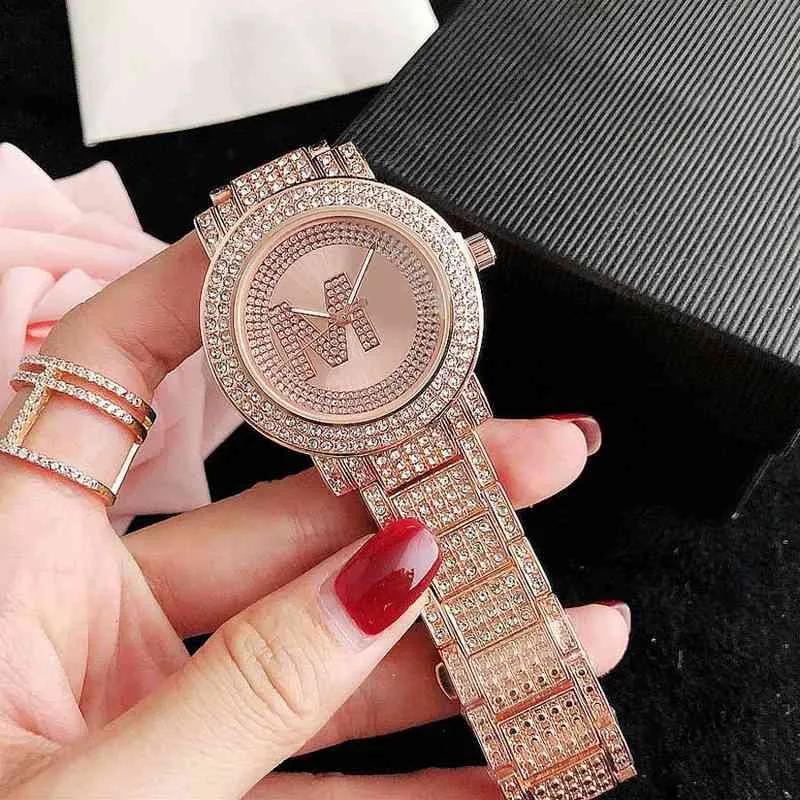 Brand Watch Women Girl Diamond Big Letters Style Metal Steel Band Quartz Wrist Watch M126