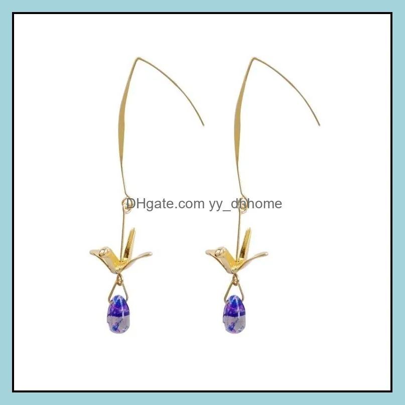 2019 Korean Fashion Summer Crystal Earrings With Gold Crane Long Dangle Earrings Personality Little Bird Blue Water Drop Earring