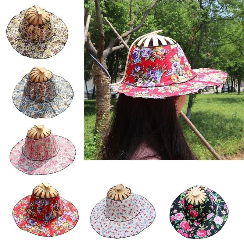 Wide Brim Hats Bamboo Foldable Hand Fan Sun Hat Women Sunhat With 2 In 1 Chinese Style Frame Floral PrintedWide Oliv22