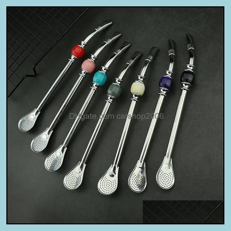 filter straw spoon 304 stainless steel spoon pipe with colorful stones straw and spoon white box packing