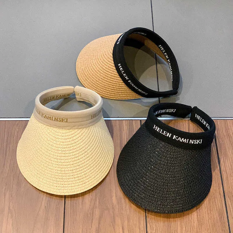 Summer 2022 Women Weave Straw Empty Top Beach Cap Clip-On Solid Color Large Wide Brim UV Protection Breathable Sun Visor Hat