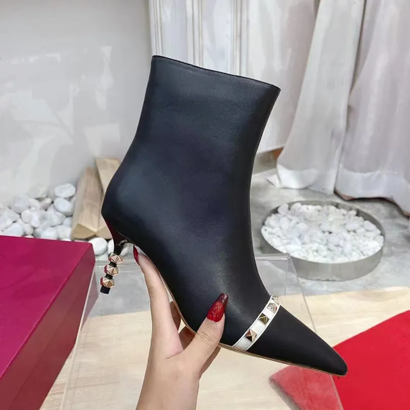 Studded Lamb Leather Pointed Toe Stiletto Heel Ankle Boots