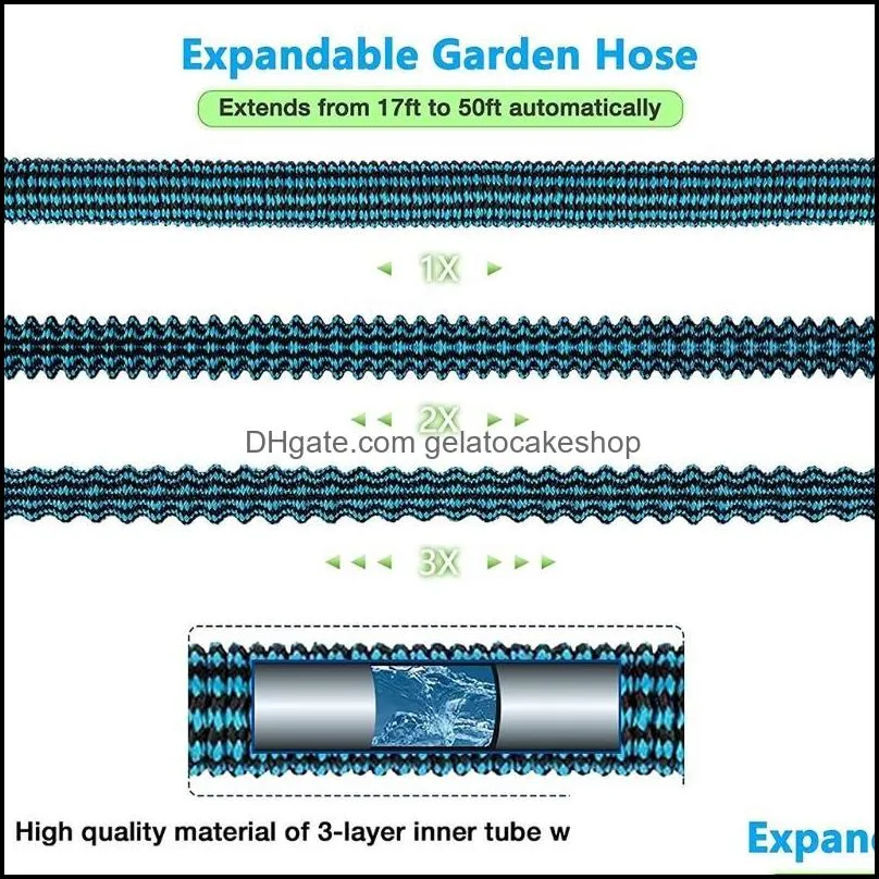 Watering Equipments 50ft Expandable Garden Hose With 10 Function Nozzle 3 Times Collapsible Pipe