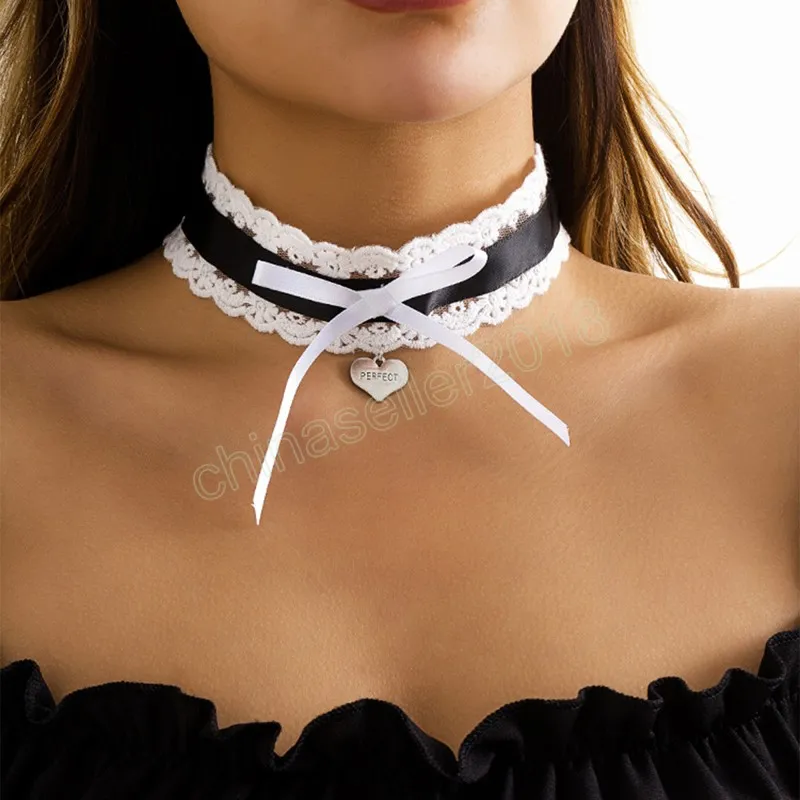 Vintage metall sexig stretch vit svart spets choker kvinnor bow hjärtbok bokstäver hänge klavikel halsband flickor mode smycken