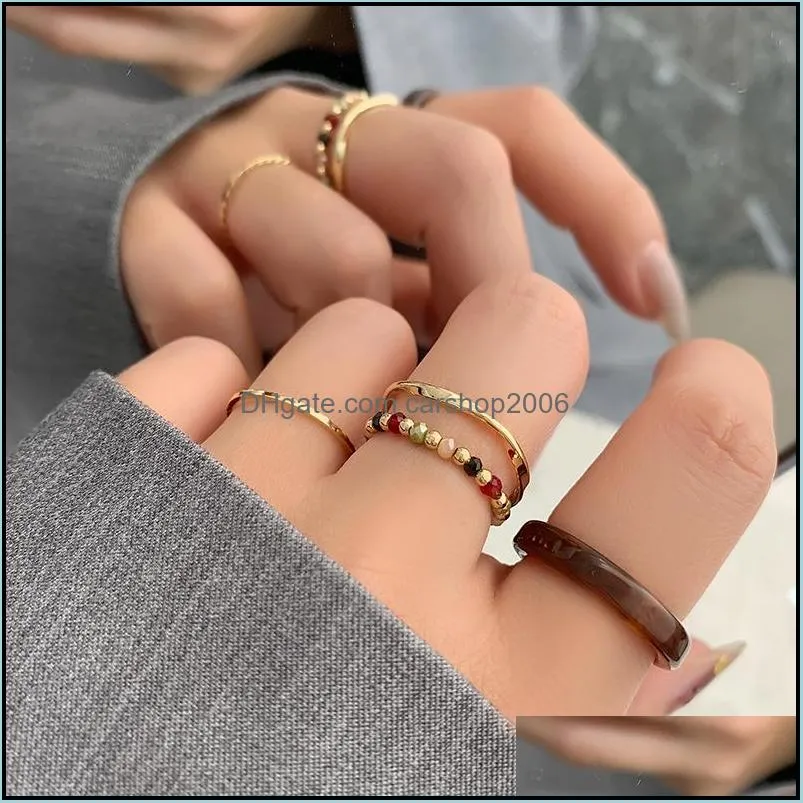 Resin transparent Band Rings niche design 4 piece set combination bead bohemian style simple acrylic crystal beaded index finger-ring all-match ring jewelry