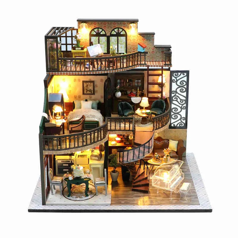 DIY Holz Puppenhaus Miniatur Bausätze Modernes Loft mit Möbeln Casa Puppenhaus Spielzeug für Kinder Mädchen Geburtstagsgeschenke