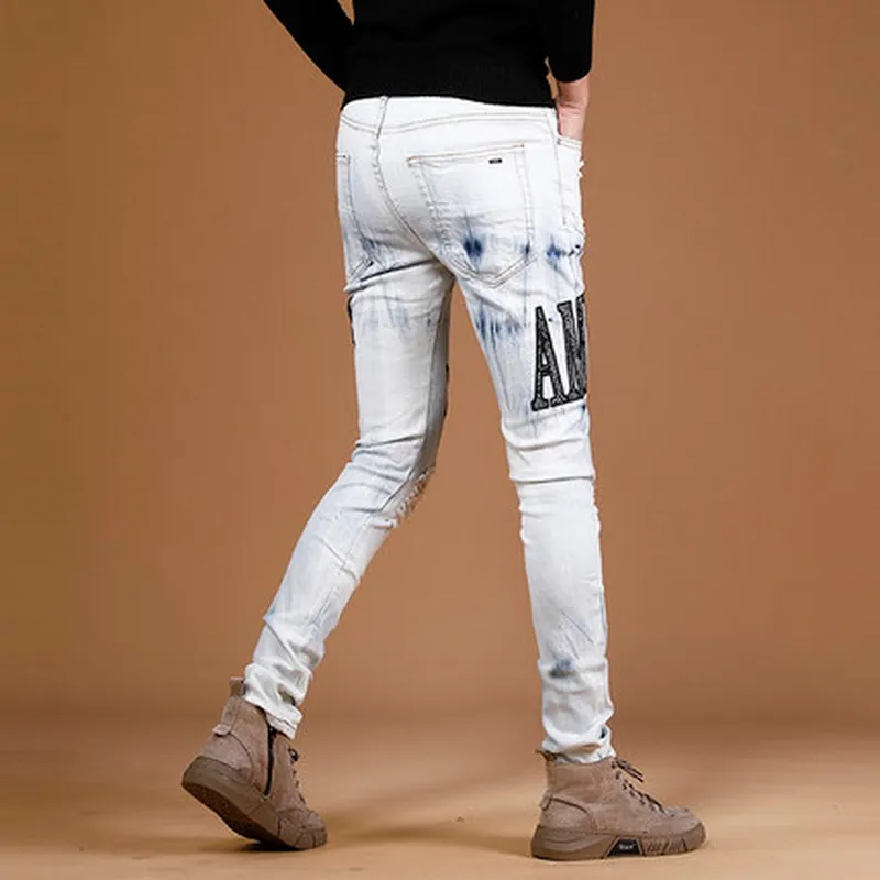 Jeans Homme Grande Taille 38 Biker pour Homme Destroyed Wash Denim Pantalon Slim Fit