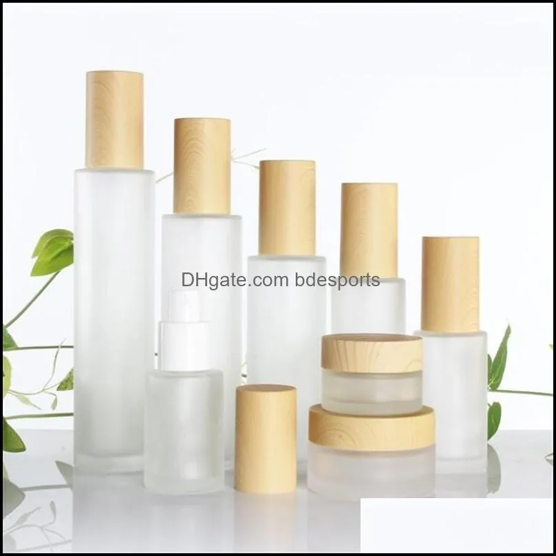 Frosted Glass Bottle Cream Jar met geïmiteerde hout Lid Lotion Spray Pump Flessen Draagbare Cosmetische Container Kruiken 20ml 30ml 40ml 50ml 60ml 80