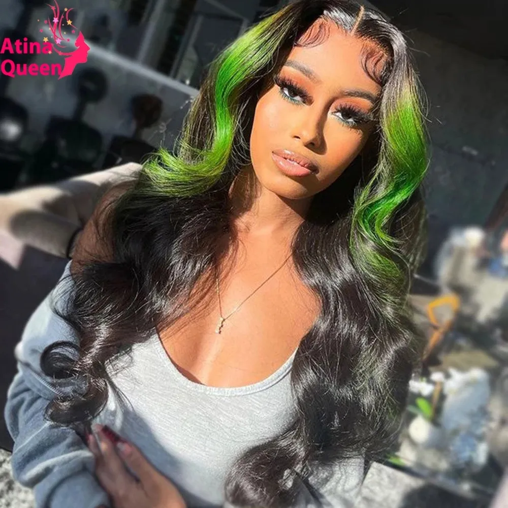Green human hair deals lace front wig