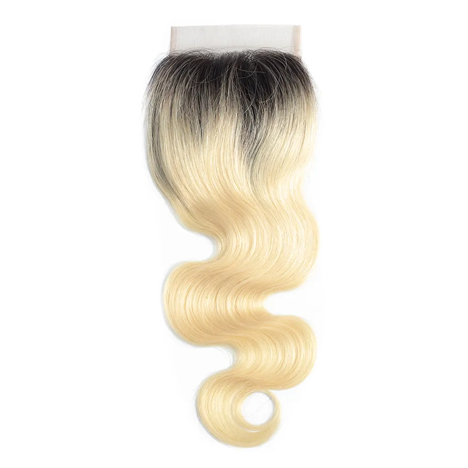 EW Body Wave Virgin Indian Menselijk Haar Ombre Blonde Kantsluiting 4 * 4 met Baby Haar T1B613 Sluitingen Gebleekte Knopen