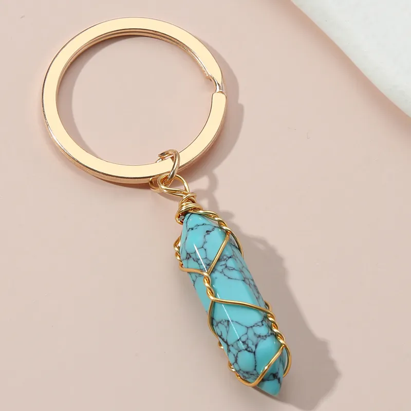 New Design Keychain Colorido Natural Stone Turquoise Correntes Tectas de Fio Anel de Chave para Mulheres Men Bolsa Acessoria de Jóias feitas à mão