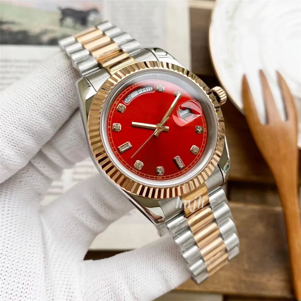 lmjli Orologi da uomo da donna Orologio meccanico automatico 41mm quadrante rosso diamante oro rosa orologio da polso alla moda in acciaio