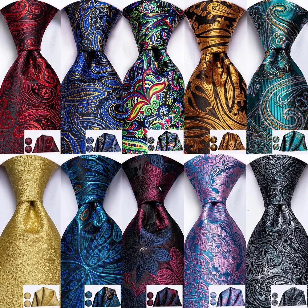 Hi-Tie Red Fashion Paisley 100 Silk Mens Tie Set 8,5 cm Bröllopsband för män Design Hanky ​​manschettknappar Kvalitetsläck