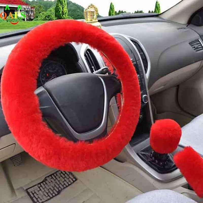 Cubiertas del volante 3 unids / set Invierno Rojo Suave Cálido Felpa Cubierta de coche Cubiertas de freno de mano Dirección