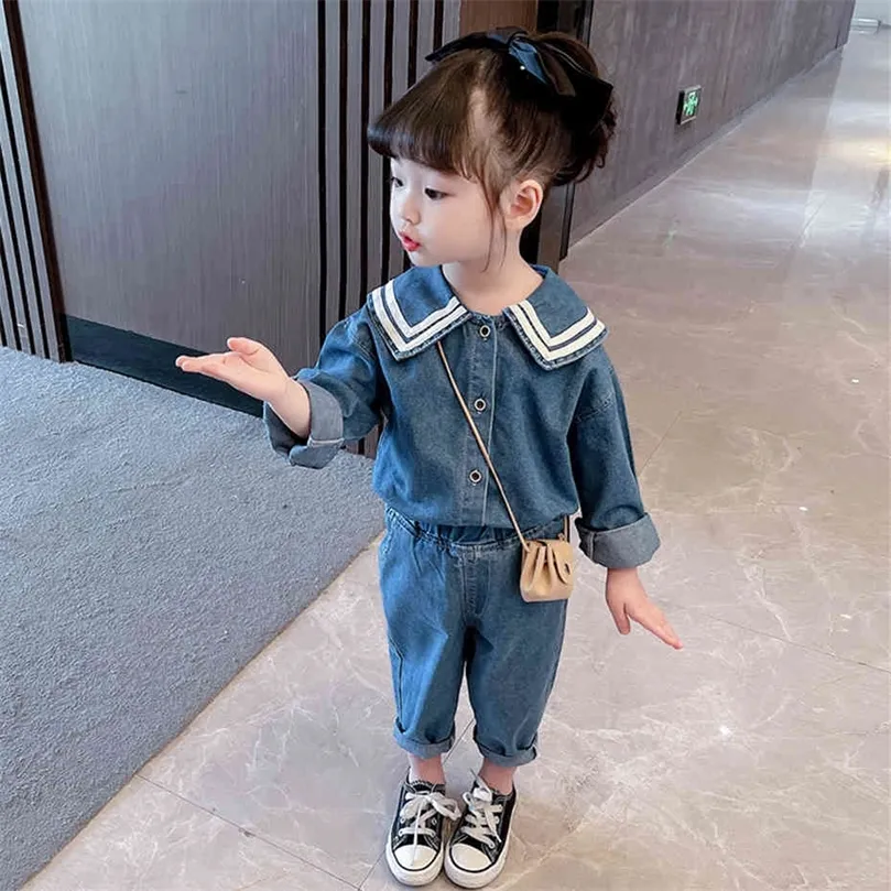 Girls Denim Set Jacket Pants Costume For Girls Toddler Girls Clothes Set Spring Autumn Children's Tracksuits 210412